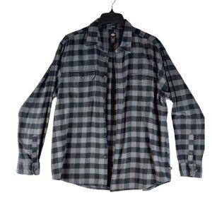 Flannel Shirt by Dickies Gray Black Plaid Cotton Relaxed Fit Sz XL Pockets